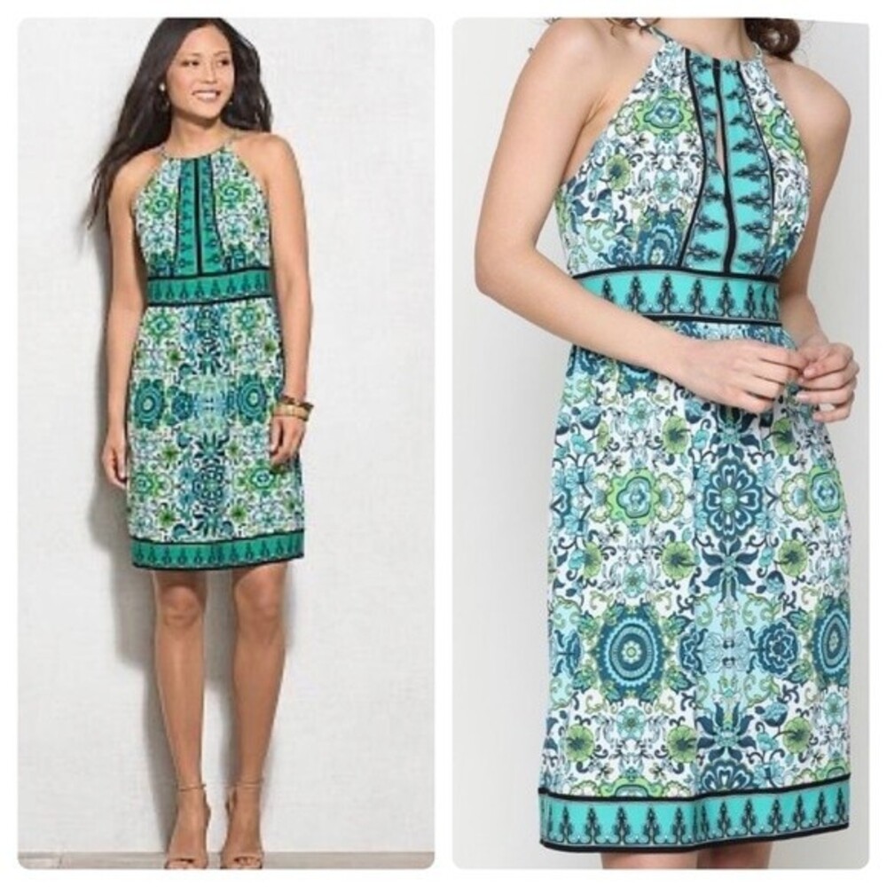 London times aqua green and white print halter dress size 10P